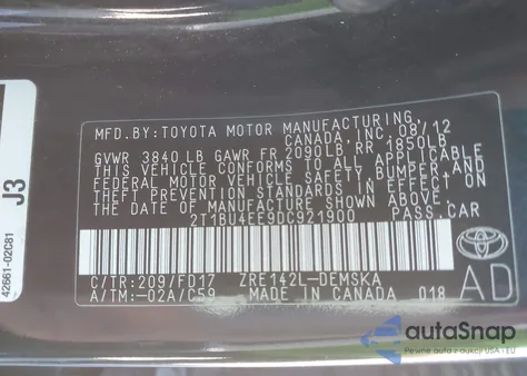 2013 Toyota Corolla S z USA, uszkodzony, nr VIN 2T1BU4EE9DC921900